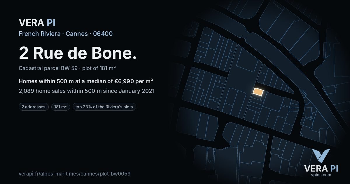 2 Rue de Bone, Cannes at night – the plot lit, the parcels around coloured by the prices near them