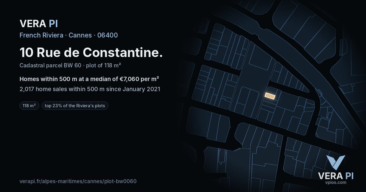 10 Rue de Constantine, Cannes at night – the plot lit, the parcels around coloured by the prices near them