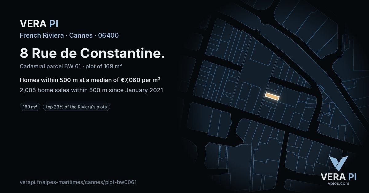 8 Rue de Constantine, Cannes at night – the plot lit, the parcels around coloured by the prices near them