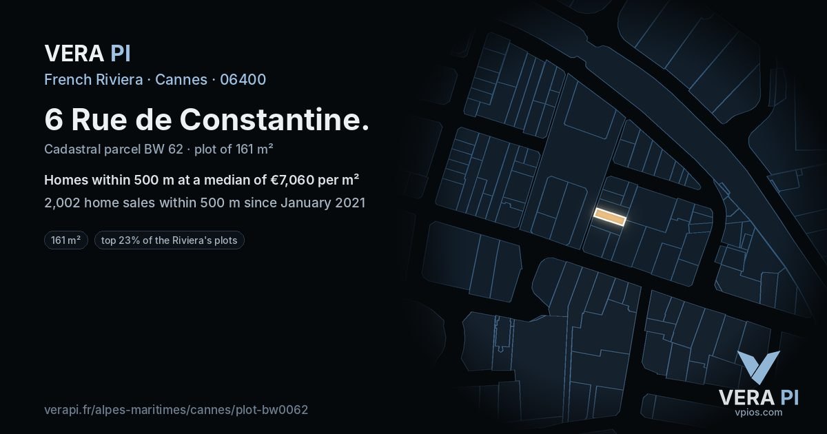 6 Rue de Constantine, Cannes at night – the plot lit, the parcels around coloured by the prices near them