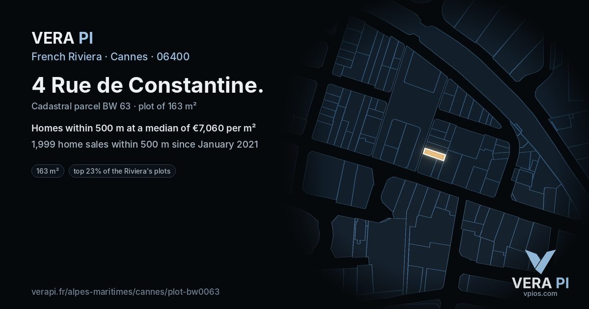 4 Rue de Constantine, Cannes at night – the plot lit, the parcels around coloured by the prices near them