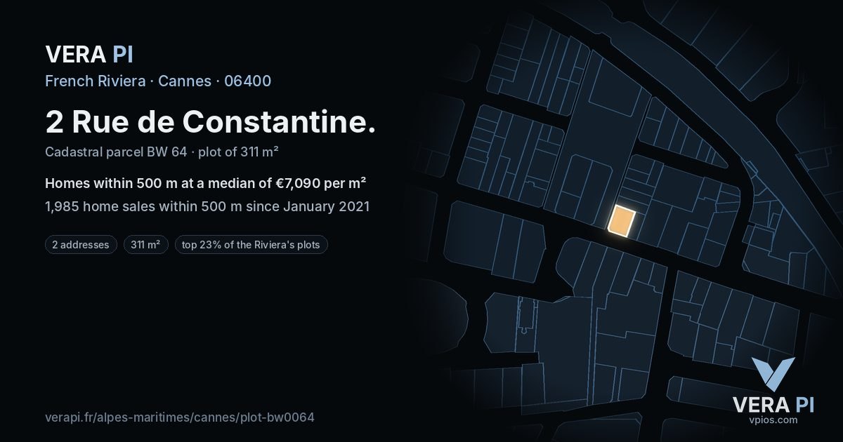 2 Rue de Constantine, Cannes at night – the plot lit, the parcels around coloured by the prices near them