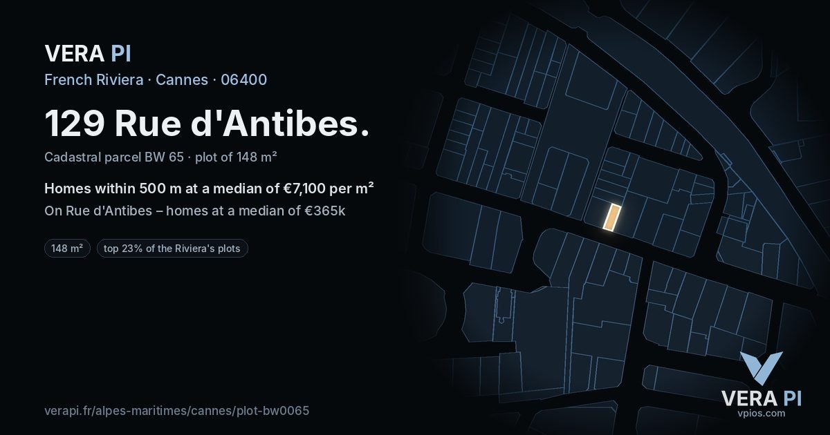 129 Rue d'Antibes, Cannes at night – the plot lit, the parcels around coloured by the prices near them