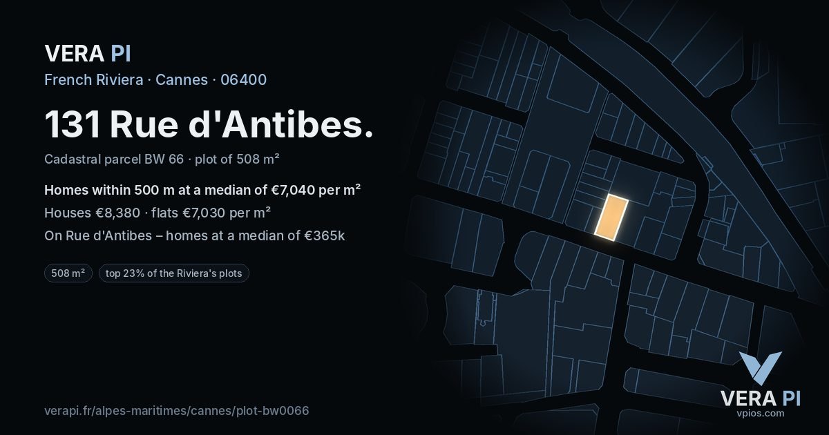 131 Rue d'Antibes, Cannes at night – the plot lit, the parcels around coloured by the prices near them