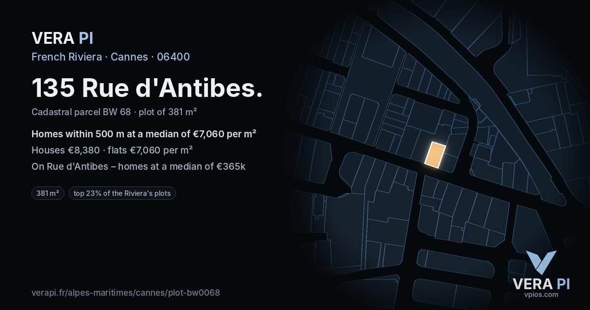 135 Rue d'Antibes, Cannes at night – the plot lit, the parcels around coloured by the prices near them