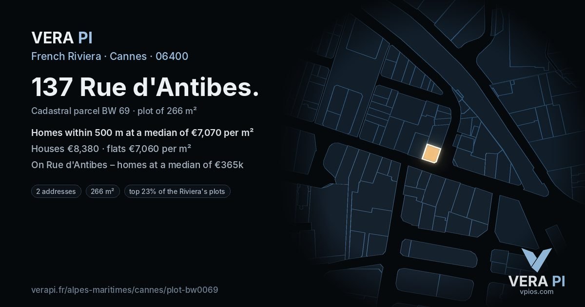 137 Rue d'Antibes, Cannes at night – the plot lit, the parcels around coloured by the prices near them