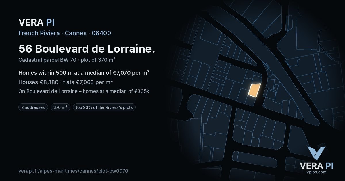 56 Boulevard de Lorraine, Cannes at night – the plot lit, the parcels around coloured by the prices near them