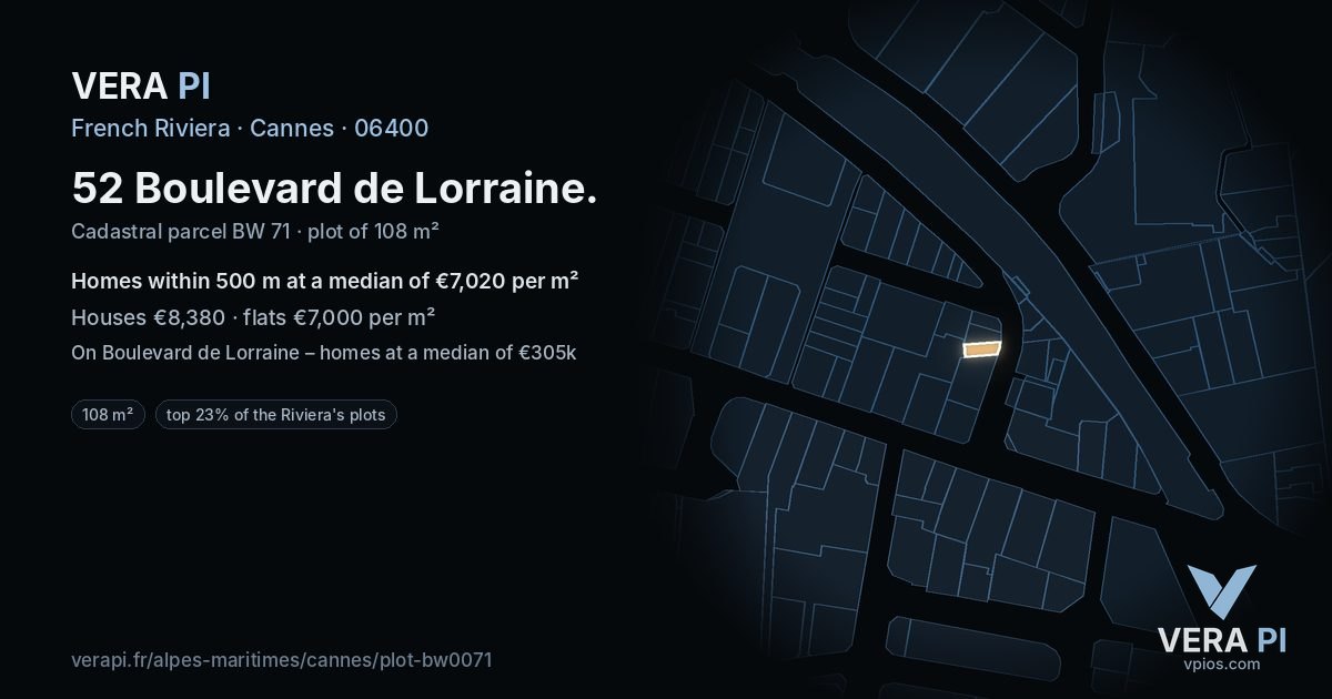 52 Boulevard de Lorraine, Cannes at night – the plot lit, the parcels around coloured by the prices near them