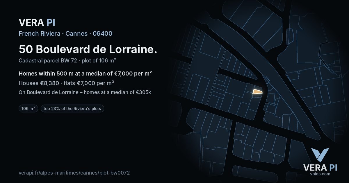 50 Boulevard de Lorraine, Cannes at night – the plot lit, the parcels around coloured by the prices near them