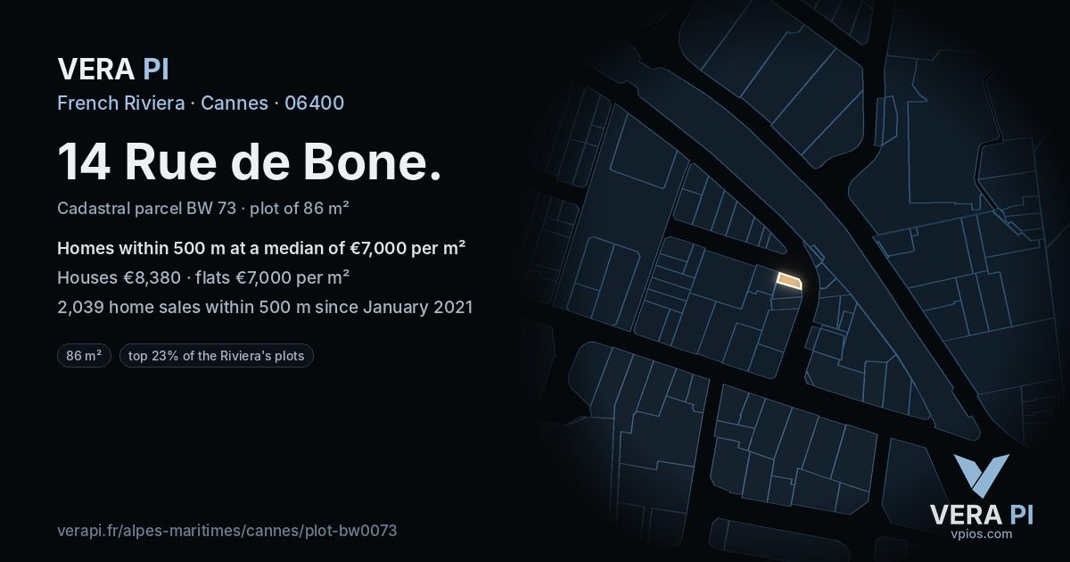 14 Rue de Bone, Cannes at night – the plot lit, the parcels around coloured by the prices near them