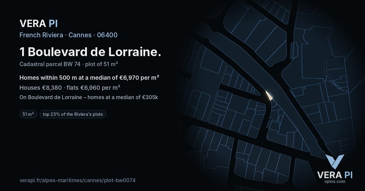 1 Boulevard de Lorraine, Cannes at night – the plot lit, the parcels around coloured by the prices near them