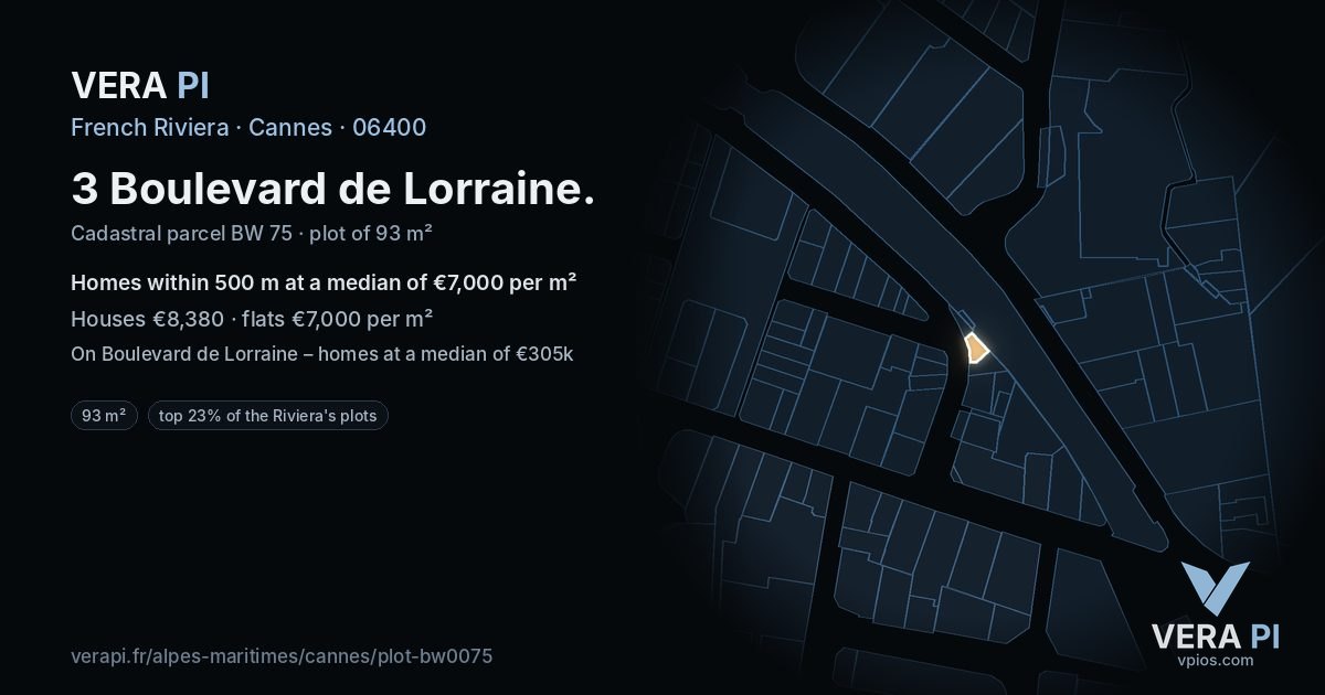 3 Boulevard de Lorraine, Cannes at night – the plot lit, the parcels around coloured by the prices near them