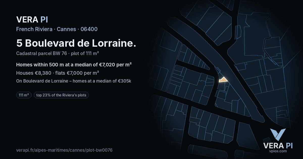 5 Boulevard de Lorraine, Cannes at night – the plot lit, the parcels around coloured by the prices near them