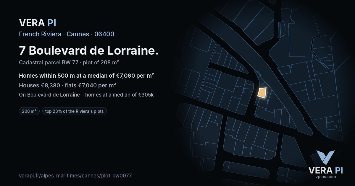 7 Boulevard de Lorraine, Cannes at night – the plot lit, the parcels around coloured by the prices near them