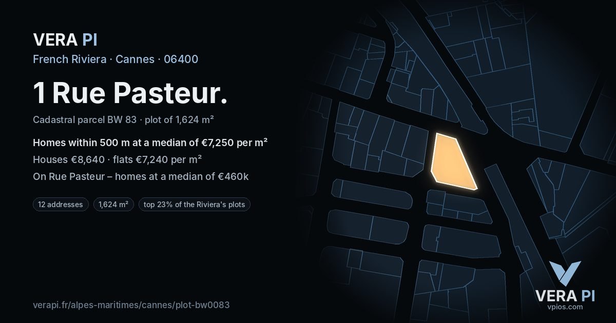 1 Rue Pasteur, Cannes at night – the plot lit, the parcels around coloured by the prices near them