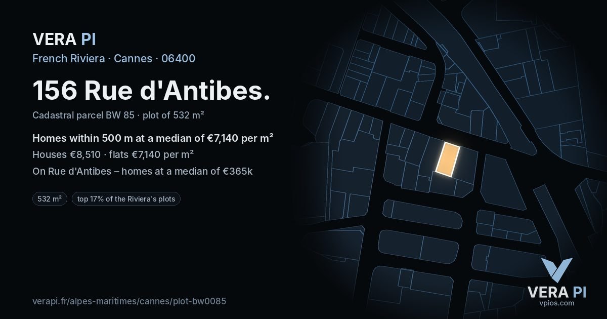 156 Rue d'Antibes, Cannes at night – the plot lit, the parcels around coloured by the prices near them