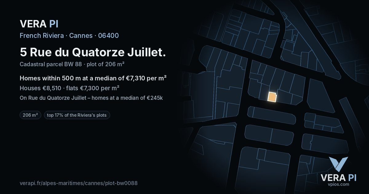 5 Rue du Quatorze Juillet, Cannes at night – the plot lit, the parcels around coloured by the prices near them