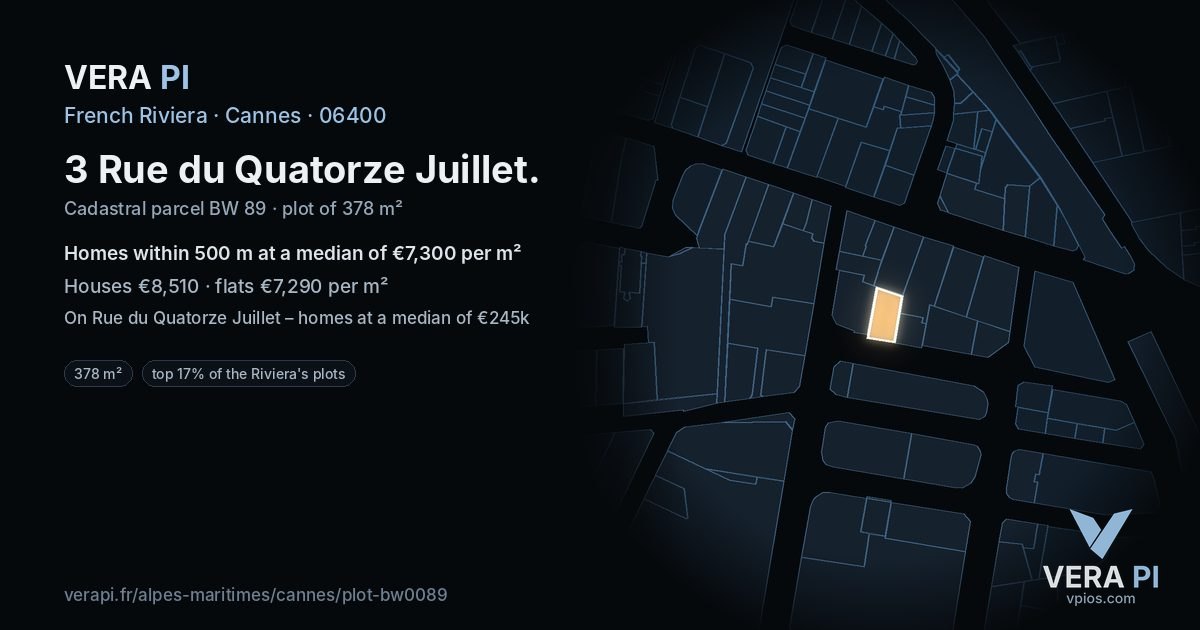 3 Rue du Quatorze Juillet, Cannes at night – the plot lit, the parcels around coloured by the prices near them