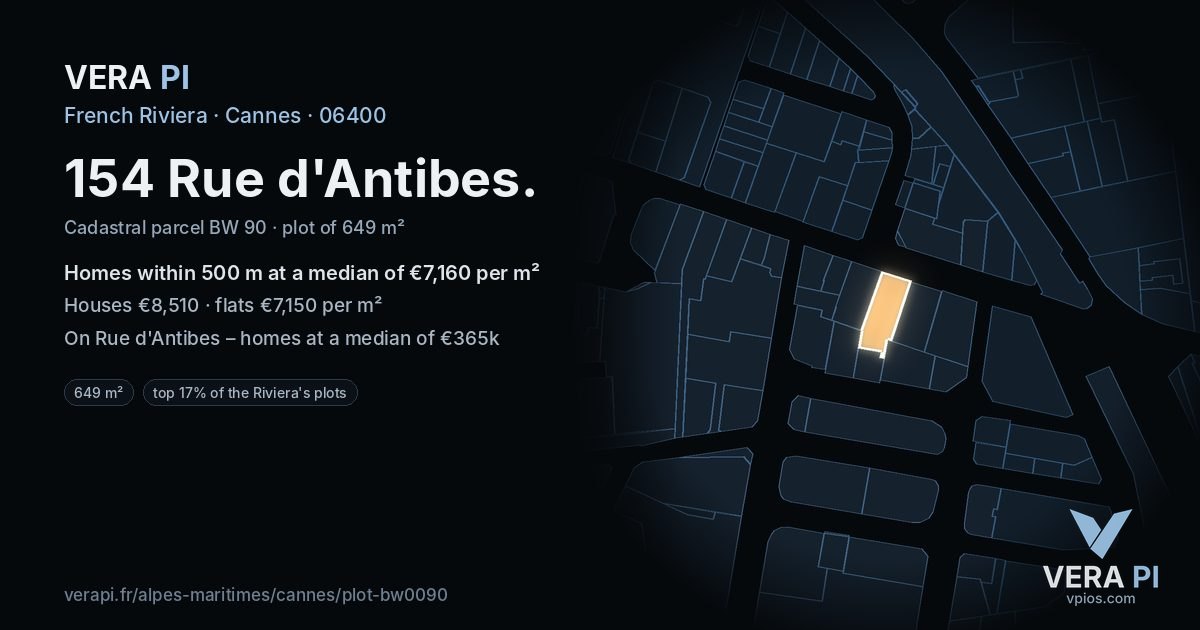154 Rue d'Antibes, Cannes at night – the plot lit, the parcels around coloured by the prices near them
