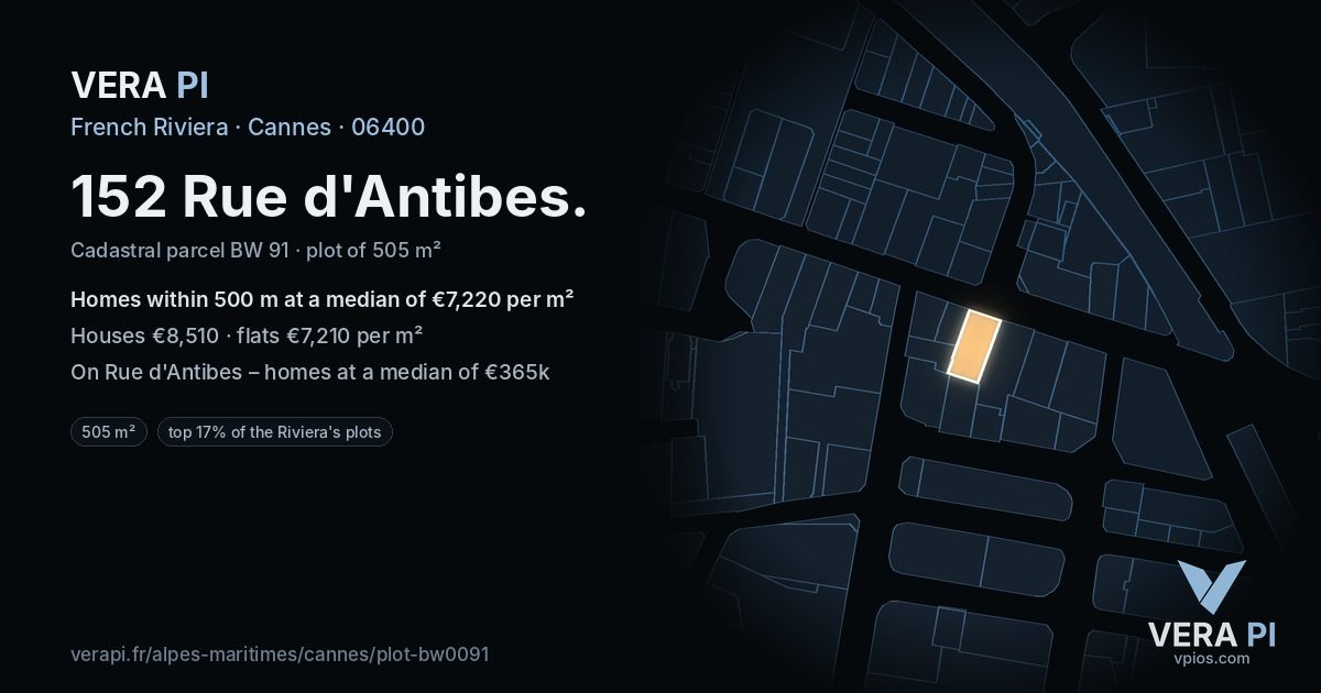 152 Rue d'Antibes, Cannes at night – the plot lit, the parcels around coloured by the prices near them