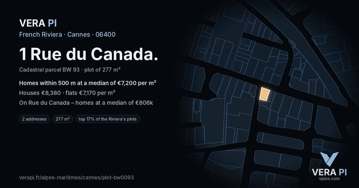 1 Rue du Canada, Cannes at night – the plot lit, the parcels around coloured by the prices near them