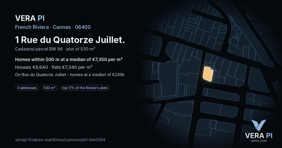 1 Rue du Quatorze Juillet, Cannes at night – the plot lit, the parcels around coloured by the prices near them