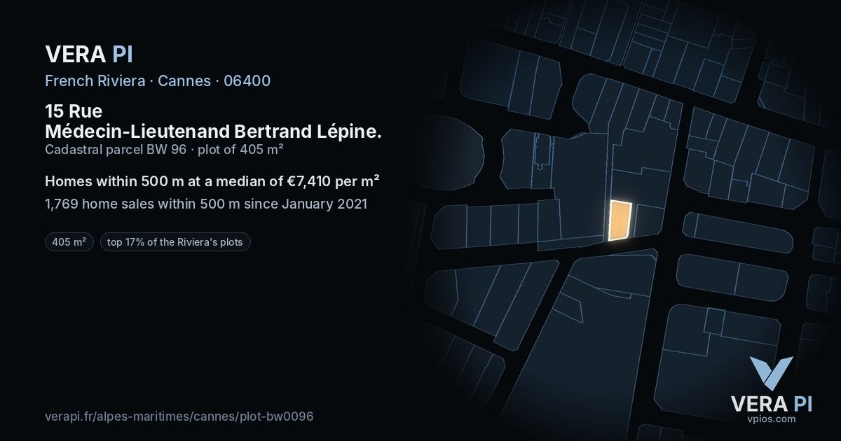 15 Rue Médecin-Lieutenand Bertrand Lépine, Cannes at night – the plot lit, the parcels around coloured by the prices near them