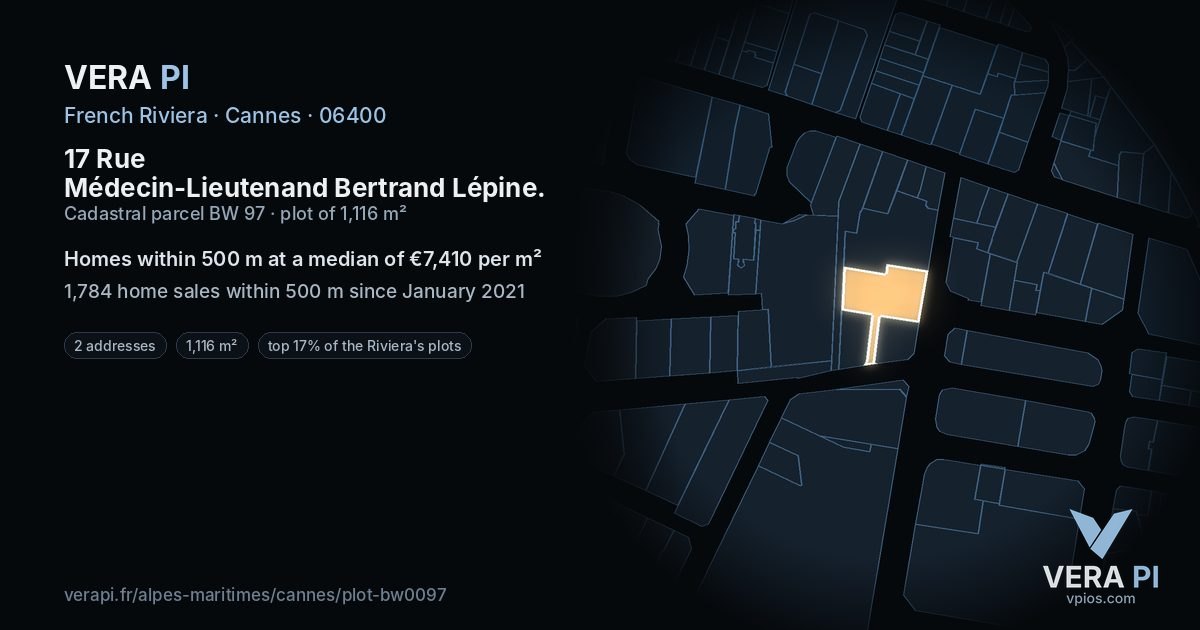17 Rue Médecin-Lieutenand Bertrand Lépine, Cannes at night – the plot lit, the parcels around coloured by the prices near them