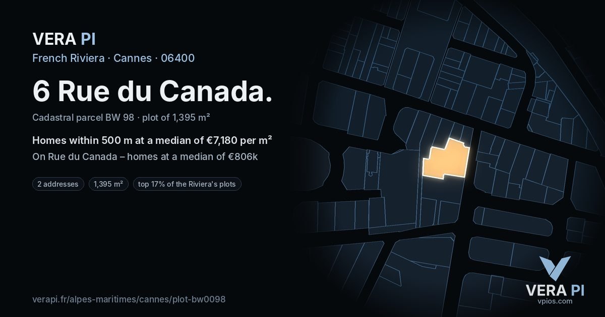 6 Rue du Canada, Cannes at night – the plot lit, the parcels around coloured by the prices near them