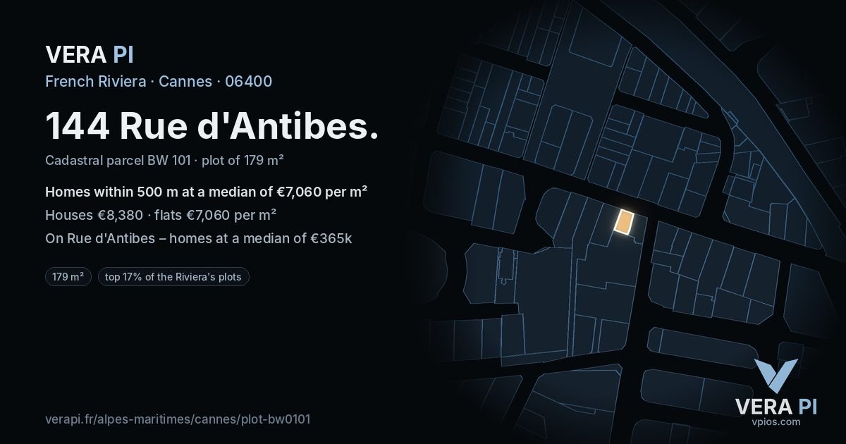 144 Rue d'Antibes, Cannes at night – the plot lit, the parcels around coloured by the prices near them