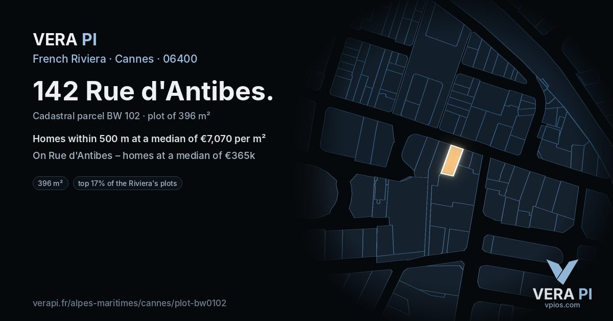 142 Rue d'Antibes, Cannes at night – the plot lit, the parcels around coloured by the prices near them