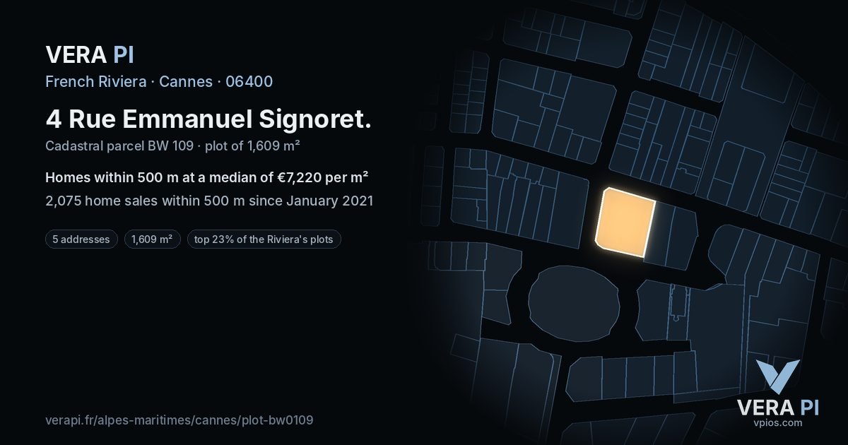 4 Rue Emmanuel Signoret, Cannes at night – the plot lit, the parcels around coloured by the prices near them