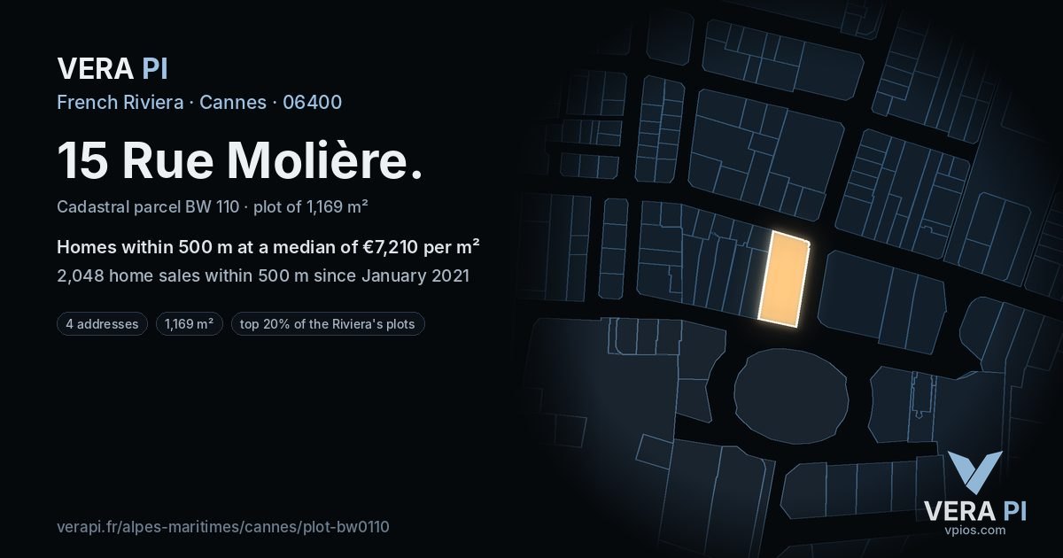 15 Rue Molière, Cannes at night – the plot lit, the parcels around coloured by the prices near them