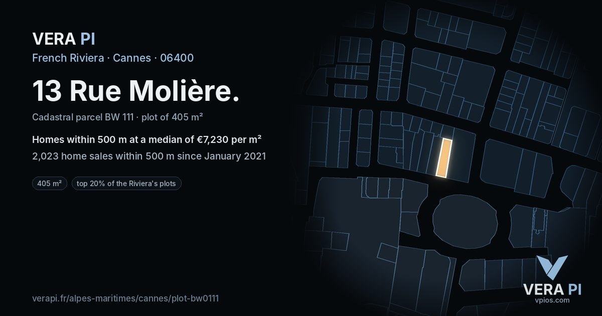13 Rue Molière, Cannes at night – the plot lit, the parcels around coloured by the prices near them