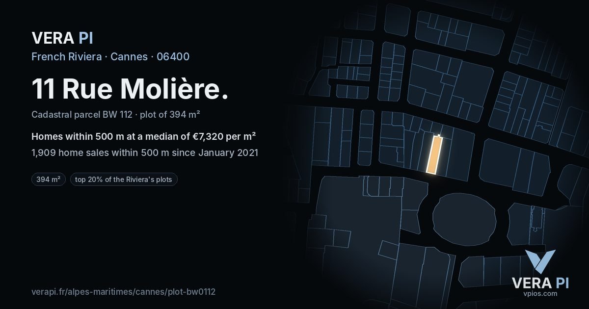 11 Rue Molière, Cannes at night – the plot lit, the parcels around coloured by the prices near them