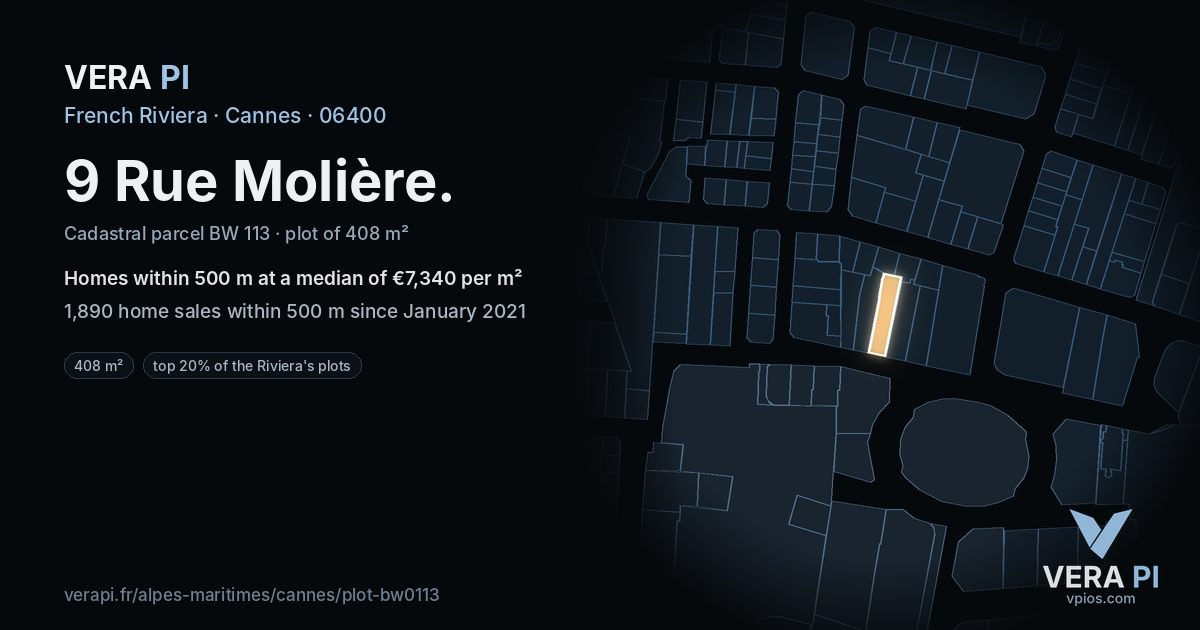 9 Rue Molière, Cannes at night – the plot lit, the parcels around coloured by the prices near them