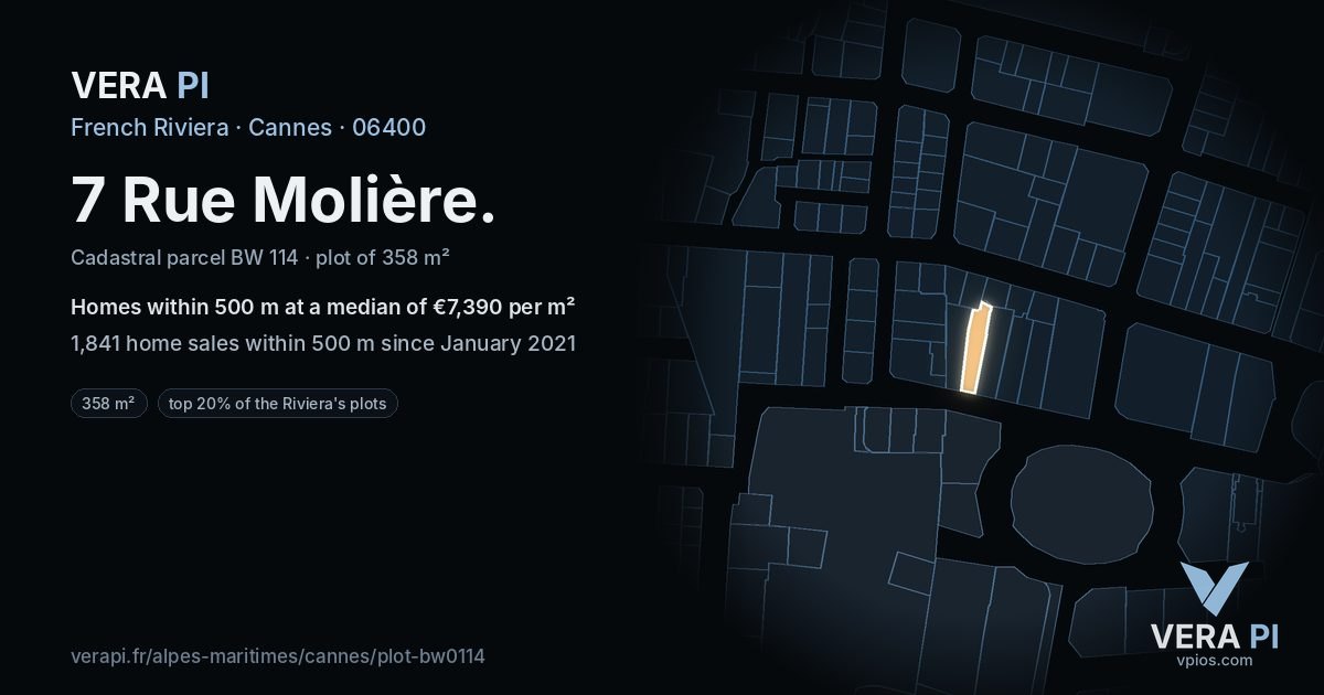 7 Rue Molière, Cannes at night – the plot lit, the parcels around coloured by the prices near them