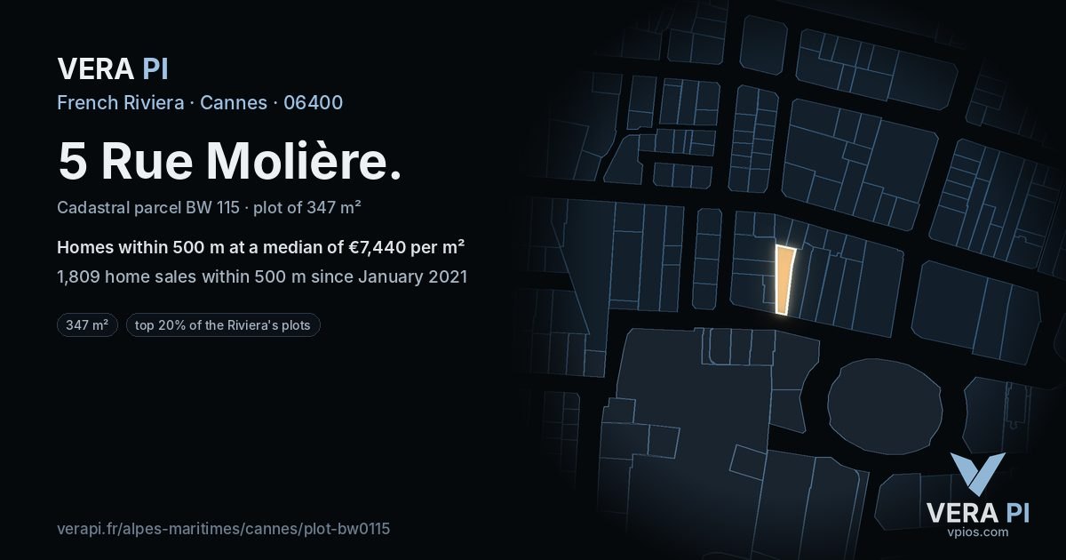 5 Rue Molière, Cannes at night – the plot lit, the parcels around coloured by the prices near them