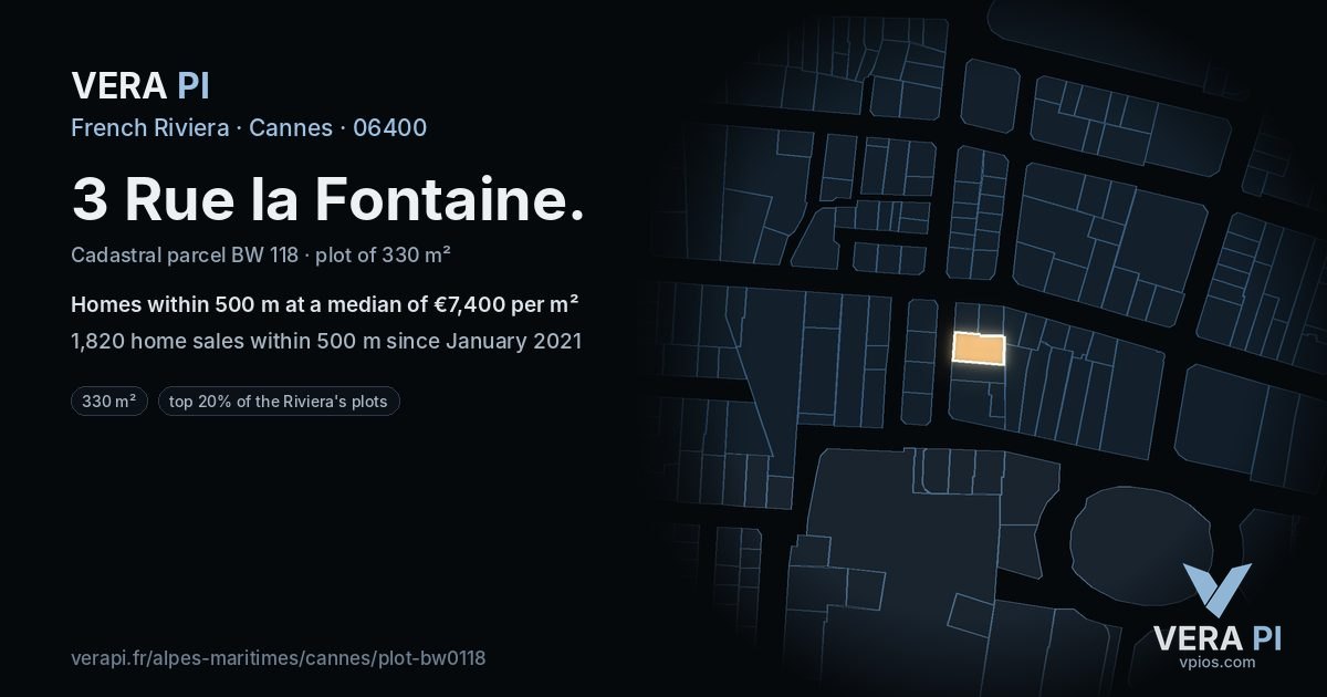 3 Rue la Fontaine, Cannes at night – the plot lit, the parcels around coloured by the prices near them