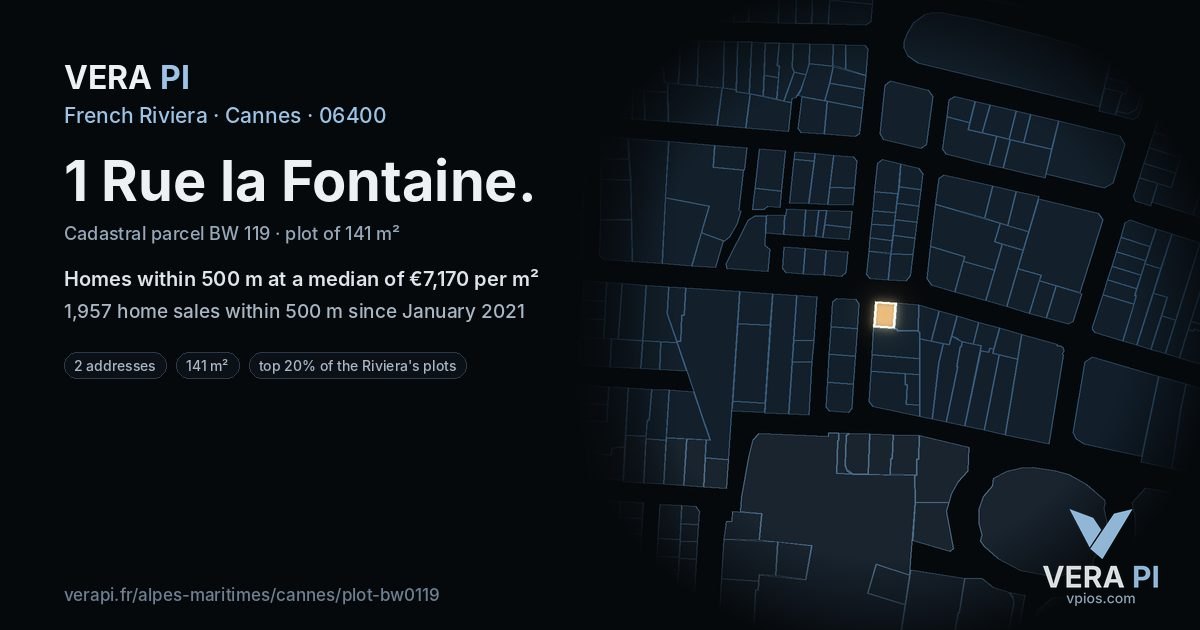 1 Rue la Fontaine, Cannes at night – the plot lit, the parcels around coloured by the prices near them
