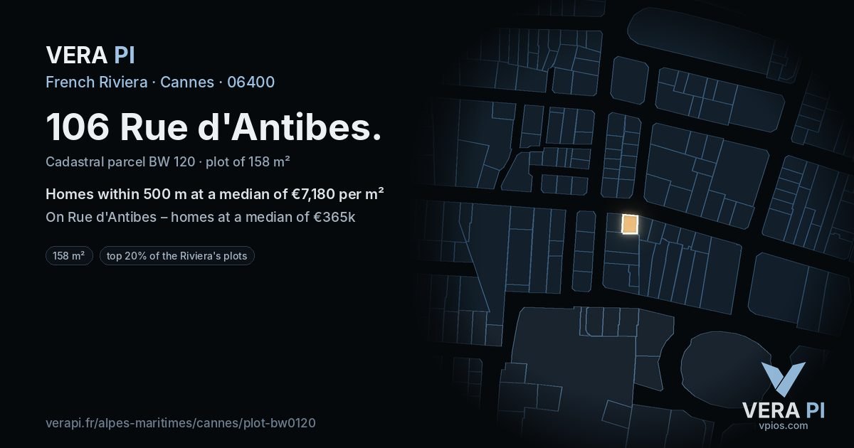 106 Rue d'Antibes, Cannes at night – the plot lit, the parcels around coloured by the prices near them