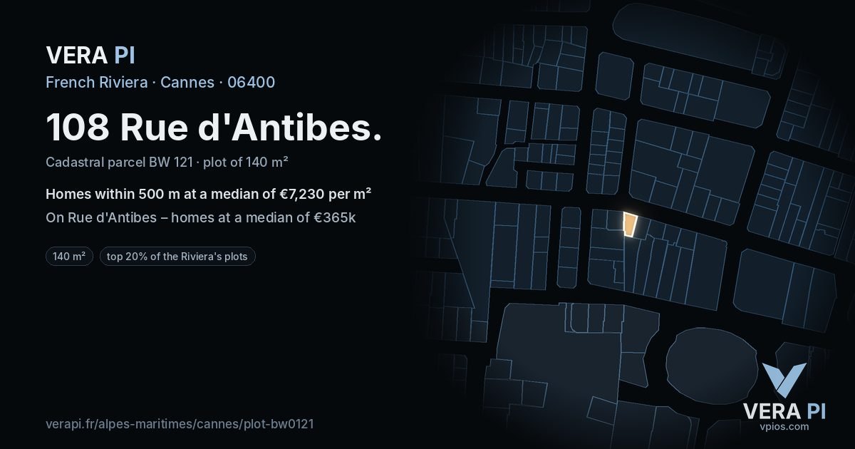 108 Rue d'Antibes, Cannes at night – the plot lit, the parcels around coloured by the prices near them