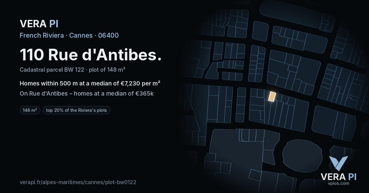 110 Rue d'Antibes, Cannes at night – the plot lit, the parcels around coloured by the prices near them