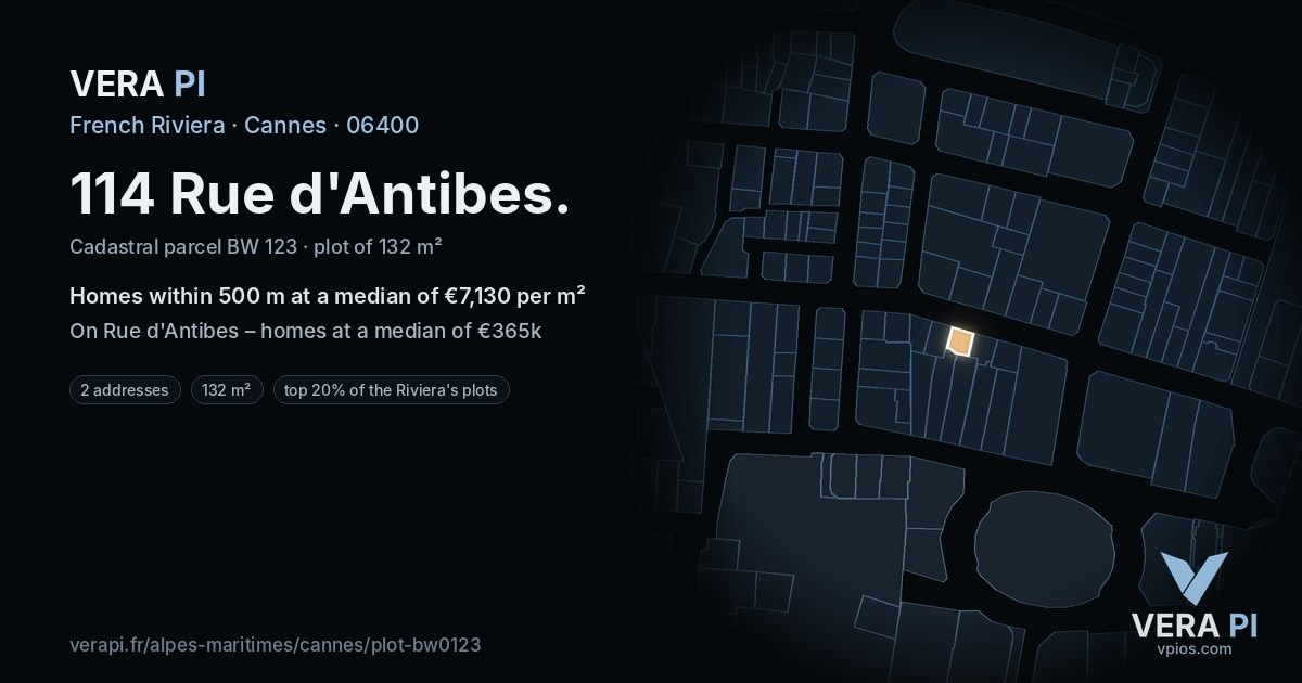 114 Rue d'Antibes, Cannes at night – the plot lit, the parcels around coloured by the prices near them