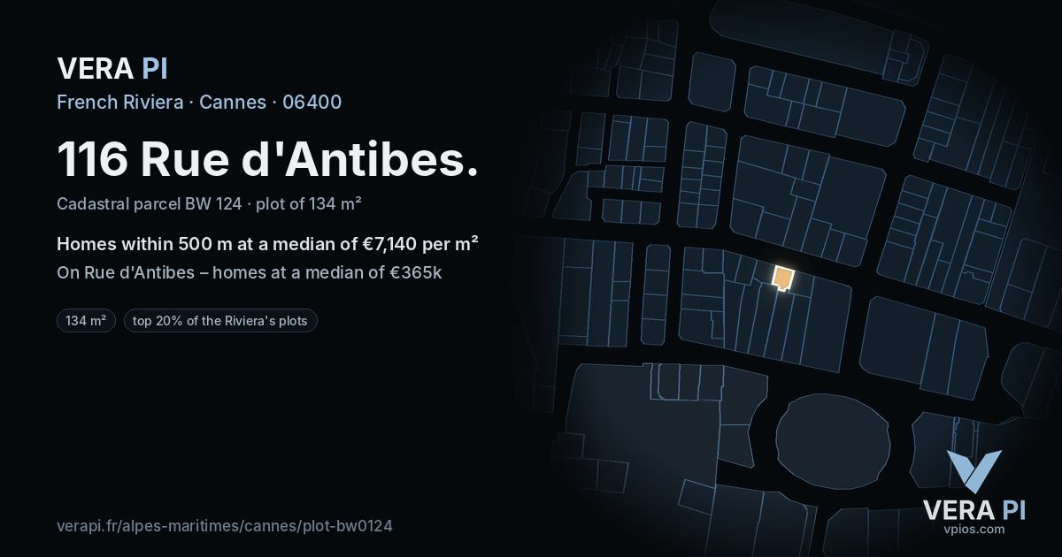 116 Rue d'Antibes, Cannes at night – the plot lit, the parcels around coloured by the prices near them