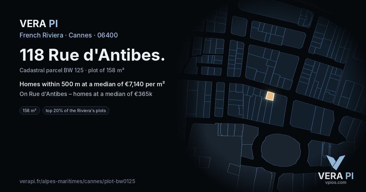 118 Rue d'Antibes, Cannes at night – the plot lit, the parcels around coloured by the prices near them