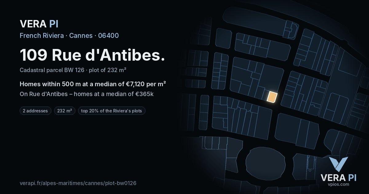 109 Rue d'Antibes, Cannes at night – the plot lit, the parcels around coloured by the prices near them