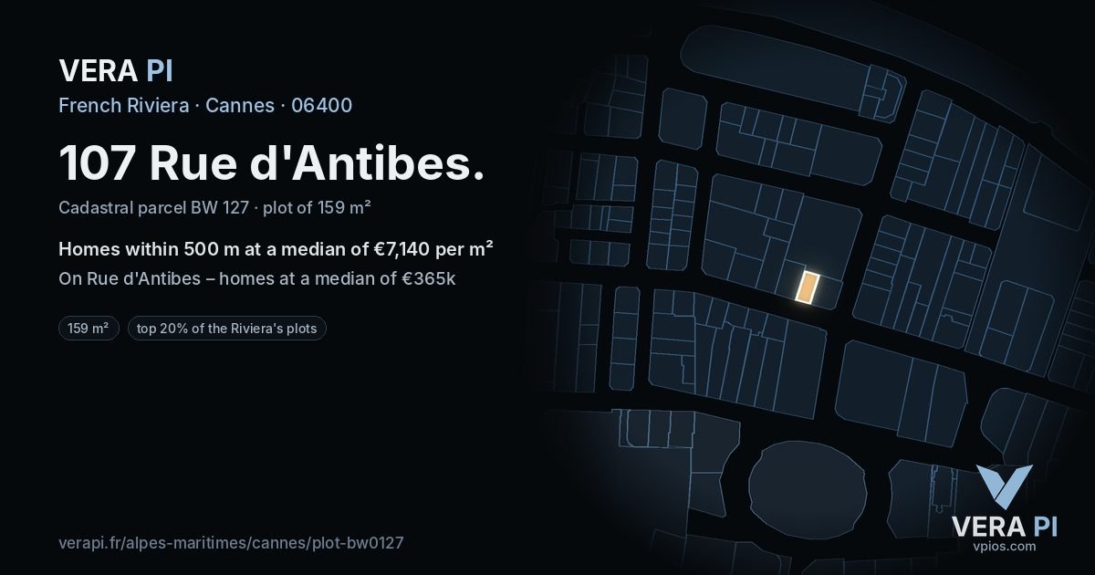 107 Rue d'Antibes, Cannes at night – the plot lit, the parcels around coloured by the prices near them