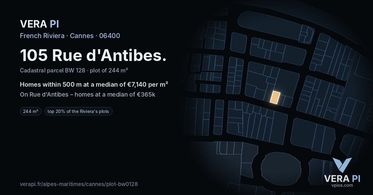 105 Rue d'Antibes, Cannes at night – the plot lit, the parcels around coloured by the prices near them