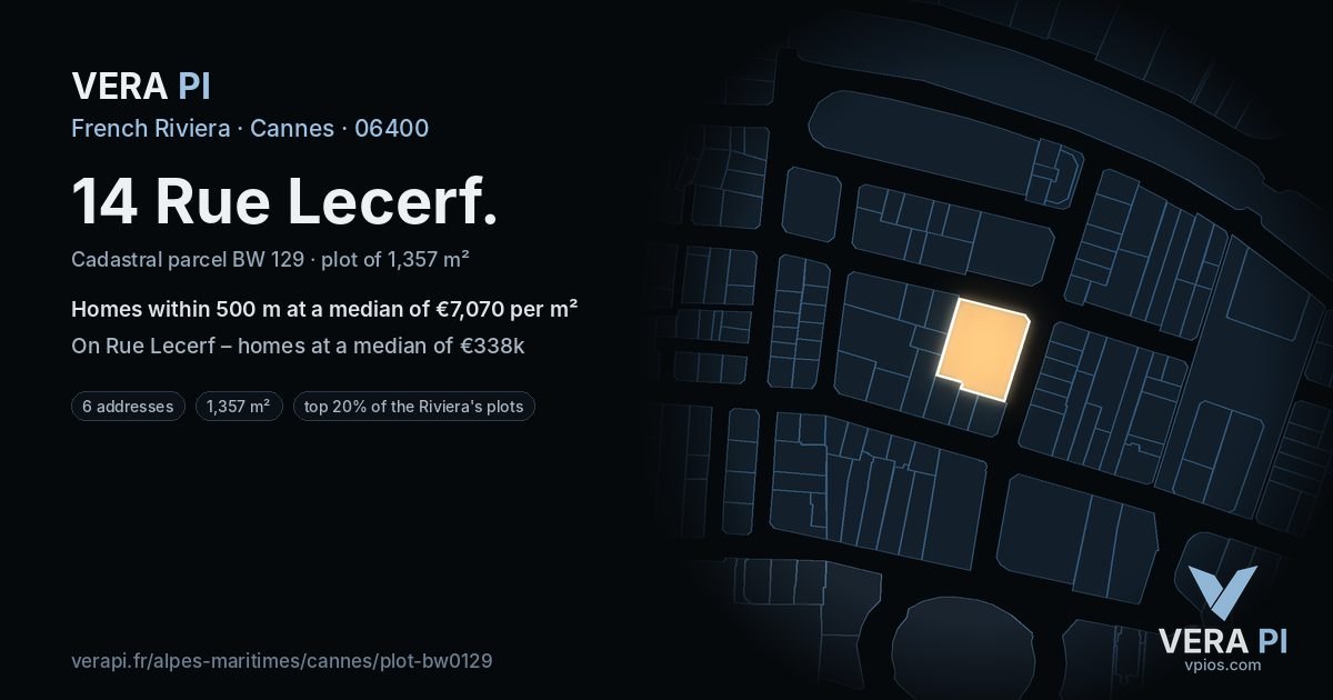 14 Rue Lecerf, Cannes at night – the plot lit, the parcels around coloured by the prices near them